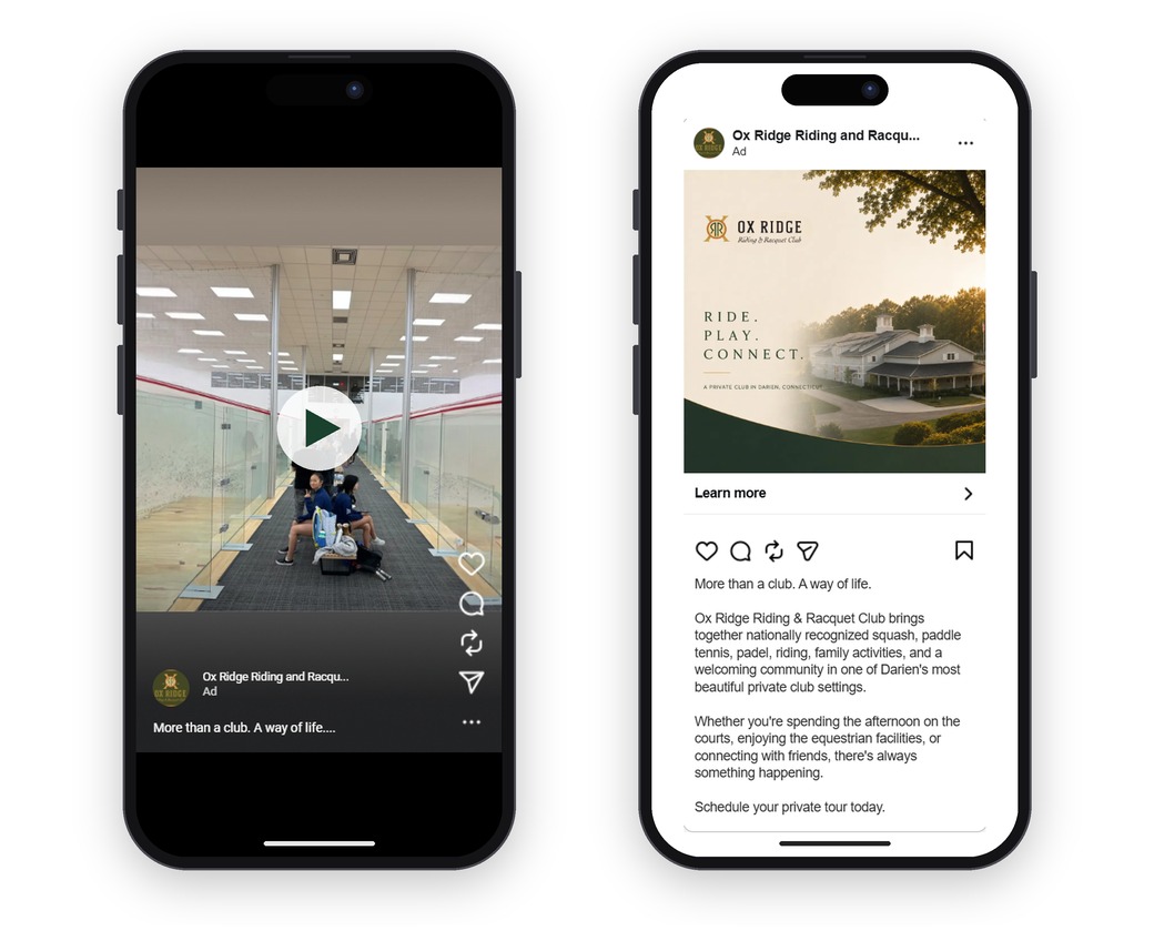 Ox Ridge ads before and after the rework: a squash-focused video and a Ride. Play. Connect. display ad